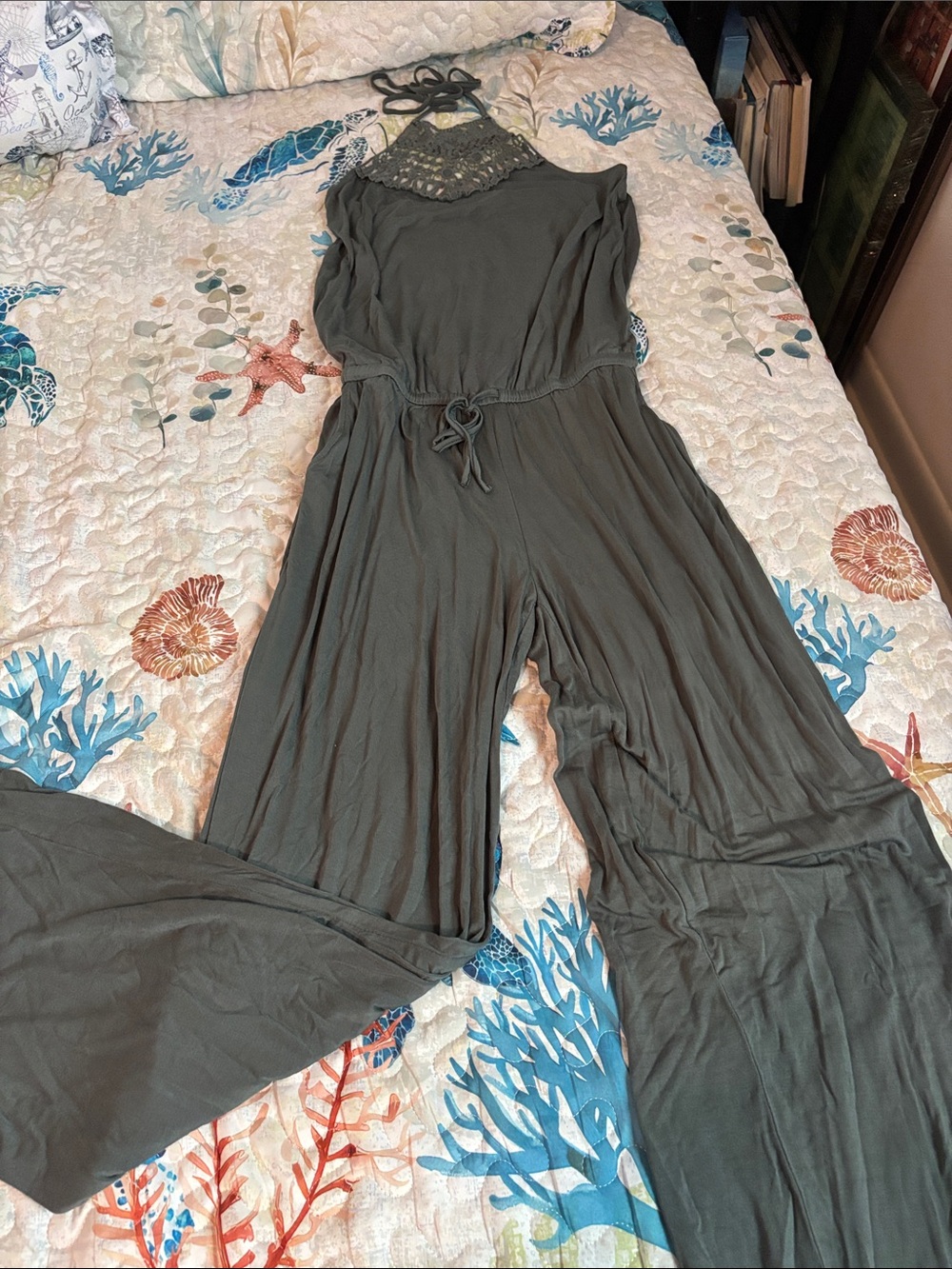 Halter Lace-Trim Wide-Leg Jumpsuit in Olive